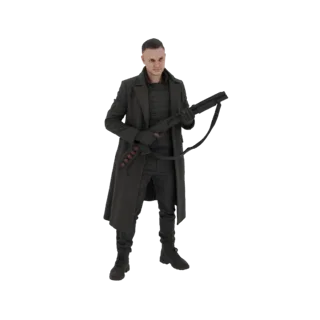 3D-Modell eines Soldaten in einem dunklen Trenchcoat und taktischer Ausrüstung, der eine Schrotflinte in Bereitschaftshaltung