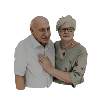 Modello 3D di una coppia anziana che si abbraccia, con l'uomo in camicia bianca e la donna in top floreale, che trasmette aff
