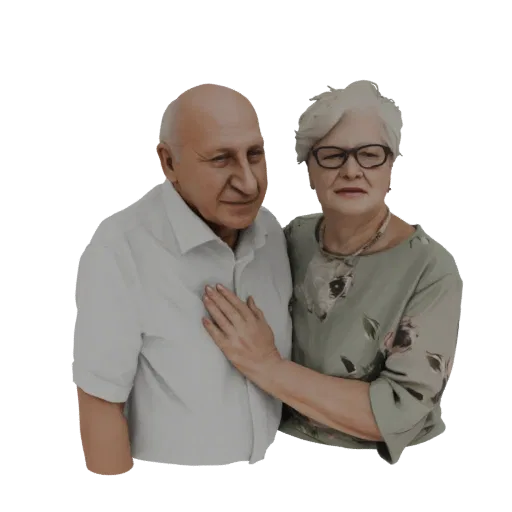 3D model of an elderly couple embracing, with the man in a white shirt and the woman in a floral top, conveying affection.
