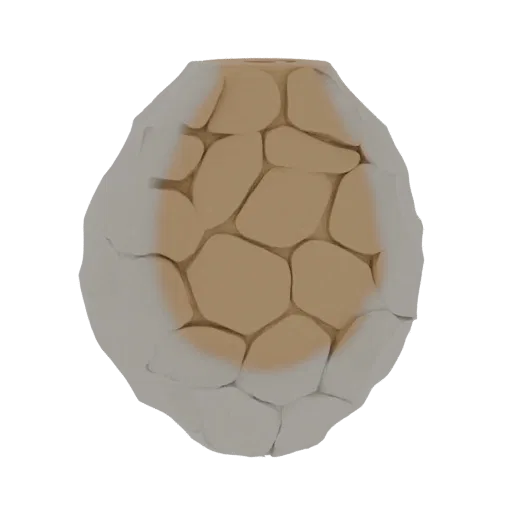 3D model of a vase made from irregular, interlocking stone pieces, with a rough, natural texture.