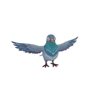 A 3D render of a stylized pigeon with blue and teal feathers, its wings spread wide in a dynamic pose.