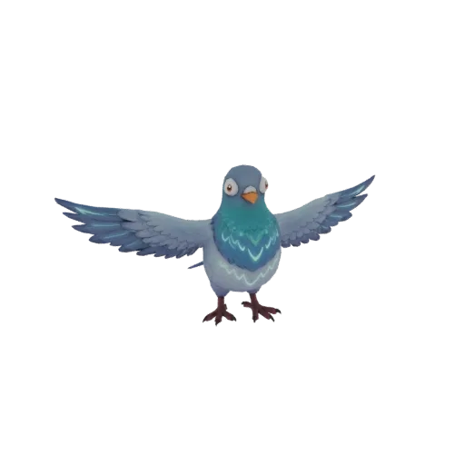 A 3D render of a stylized pigeon with blue and teal feathers, its wings spread wide in a dynamic pose.