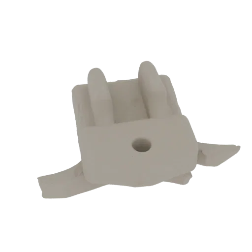 3D model of a white plastic cable clip with a central mounting hole and two prongs for securing wires.