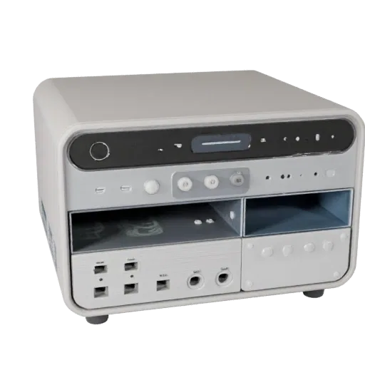 Compact Smart Speaker 3D model, home interior, three-quarter front view, Unreal Engine viewport, plastic detail.