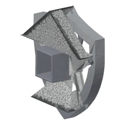 3D render of an abstract geometric structure with sharp angles, intersecting planes, and a mix of smooth and textured surface