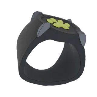 3D-Modell eines schwarzen Rings mit gelbem Katzenpfoten-Emblem und scharfen grauen Spikes, präsentiert auf weißem Hintergrund