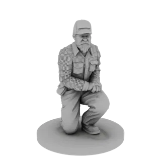 Render del modello 3D di un uomo con barba e cappello inginocchiato su una base circolare, raffigurato in materiale grigio ne