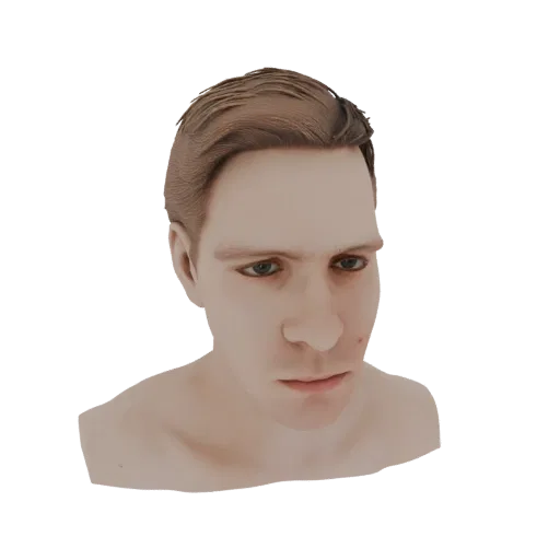 3D render of a realistic male head bust with brown hair and green eyes, set against a black background.