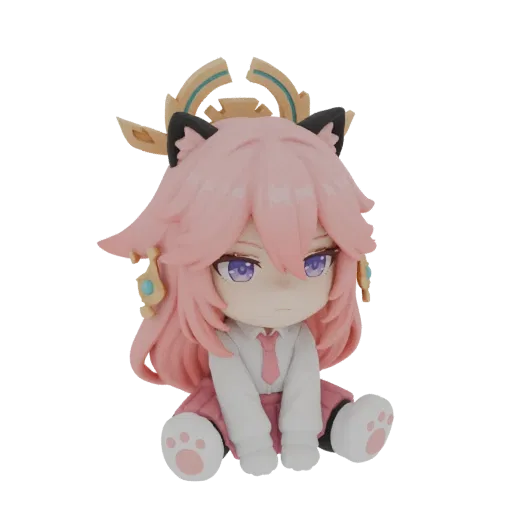 3D model of a chibi fox girl with pink hair, cat ears, and purple eyes, sitting down with a slightly sad expression.