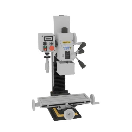 Modelo 3D de una fresadora de banco compacta blanca y gris con pantalla digital y panel de control.