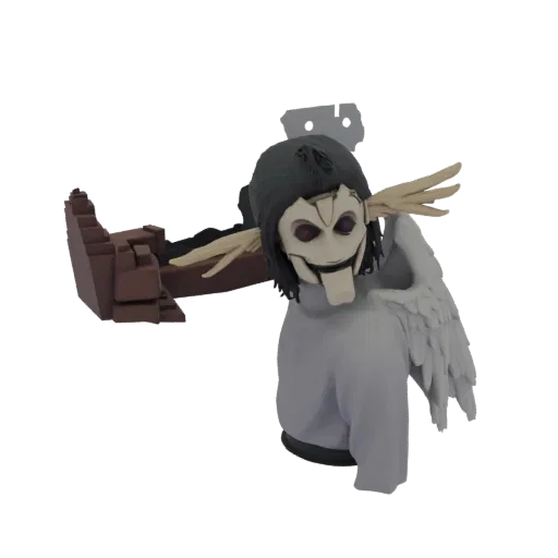 3D render of a mysterious masked figure with purple eyes, dark hair, feathered wings, and a brown mechanical arm, set against
