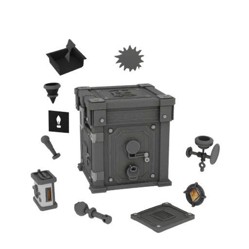 Dungeon Switch Box Printable 3D model, isometric STL render, showing metal hinges, clear interaction affordances.