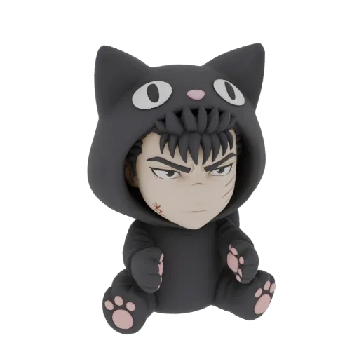 3D model of Guts from Berserk wearing a black cat pajama costume, with a stern expression and cat ears on the hood.