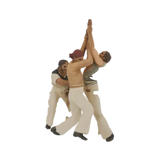 3D model of three figures forming a human tower, one at the base supporting two others above.