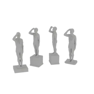 3D-Modell-Vorschau von vier Pfadfinder-Figuren in salutierender Pose, stehend auf einzelnen Sockeln, gerendert in einem neutr