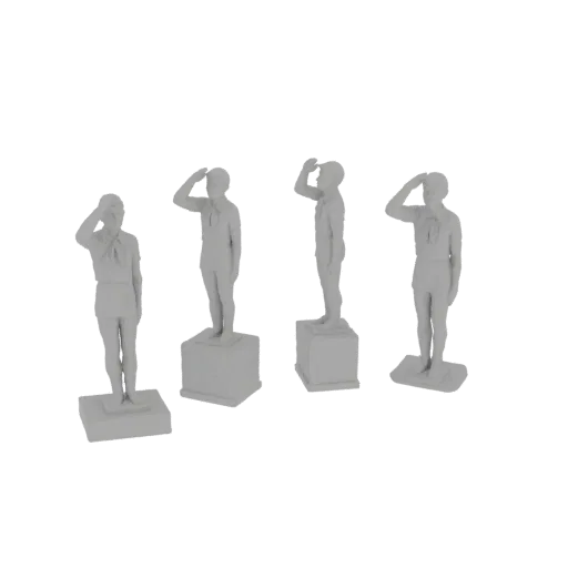 3D model preview of four scout figurines in a saluting pose, standing on individual bases, rendered in a neutral gray materia