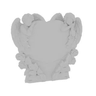 Modelo 3D de un marco blanco en forma de corazón con dos querubines a cada lado, renderizado sobre un fondo negro.