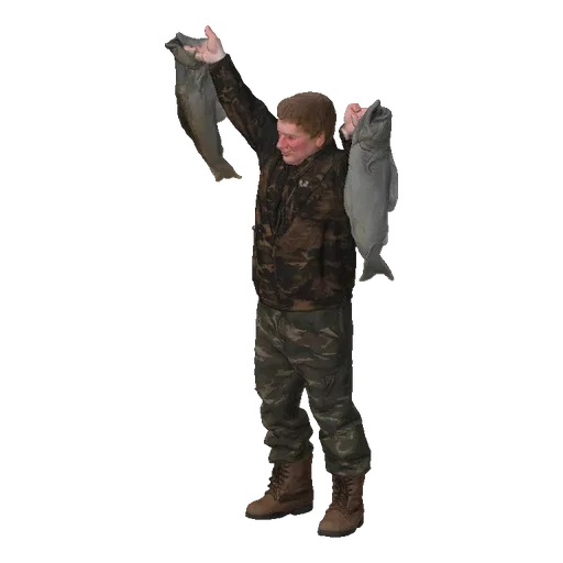 3D model of a fisherman in camouflage holding two large fish with pride, against a white background.