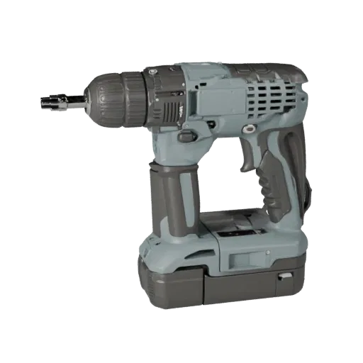 Workshop Drill 3D model, side profile view, technical viewport render, showing molded plastic, ergonomic handles.