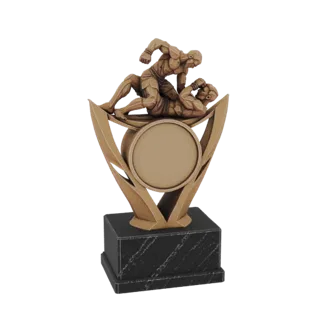 3D model of a bronze MMA fighter trophy with two athletes grappling on a black marble base.