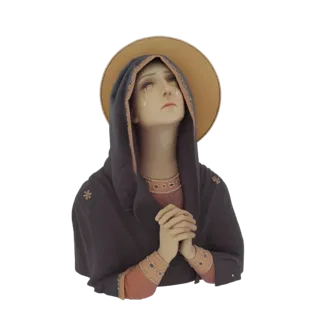 Renderizado 3D de la estatua de la Virgen María Llorosa, con una aureola dorada, lágrimas en su rostro y manos juntas en orac