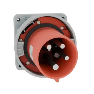 Modelo 3D de un conector enchufe industrial rojo de 5 pines con pines visibles y placa de montaje gris.