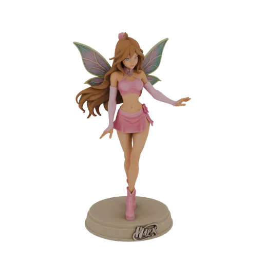 3D model of Bloom, the fairy princess, in a pink outfit with translucent wings, standing on a circular base with the Winx log