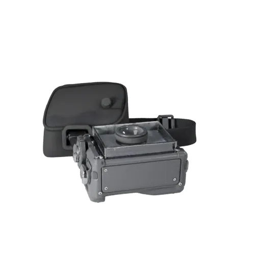 Modello 3D Body Camera di Soccorso modulare, vista isometrica del kit modulare, con scudi trasparenti, silhouette protettiva.