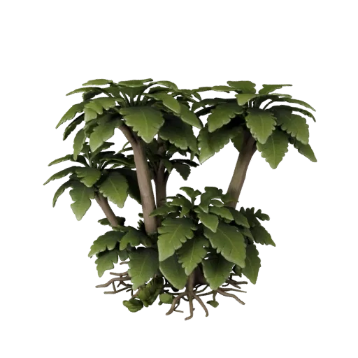 Fantasy Glowing Plant Set 3D model, close-up cinematic environment render, showing leaf clusters, terrain detail.