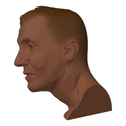 3D model of a man's head tilted to the side, showing facial features and short hair, against a black background.