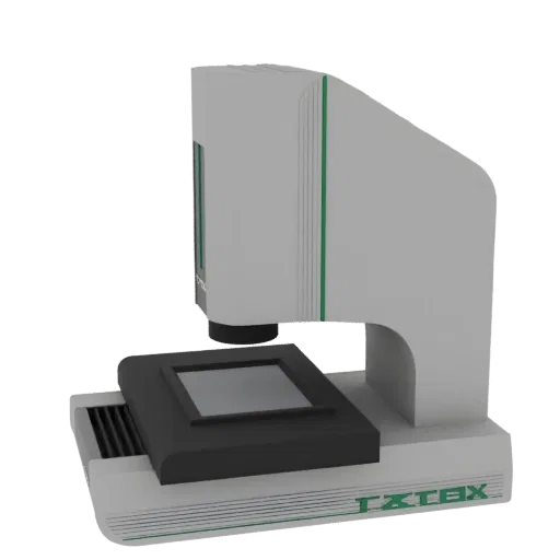 3D render of the TXTEX industrial inspection machine, a white and green device with a screen on a platform, against a black b