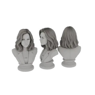 Modelo 3D do busto de uma mulher vestindo um blazer, mostrado de vistas frontal, lateral e traseira.