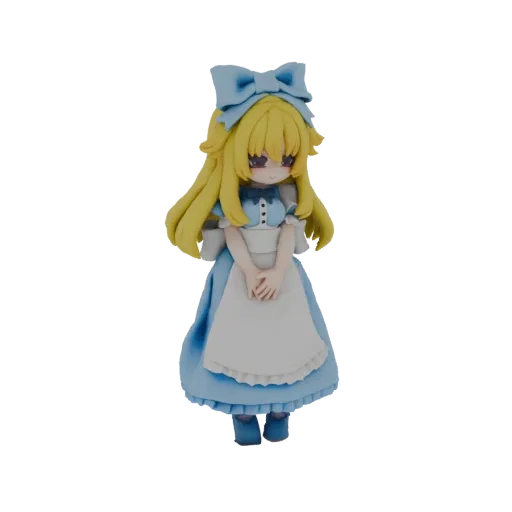 Modèle 3D du personnage Alice au Pays des Merveilles, représenté comme une figurine en argile dans une robe bleue et un tabli