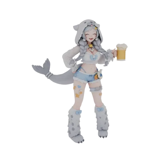 3D model of a cute anime-style seal girl wearing a white hooded pajama set and blue shorts, holding a beer mug.