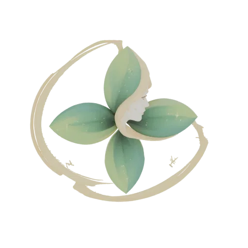 3D model of a woman's profile emerging from green petals, framed by beige swirls, with subtle sparkles.