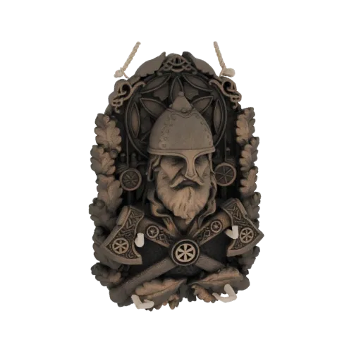 3D model of a Viking warrior bust with a helmet, beard, and crossed axes, surrounded by oak leaves.