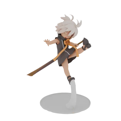 3D model of an anime warrior in a dynamic mid-kick pose, holding a sword, with spiky white hair and a dark outfit, on a display stand.