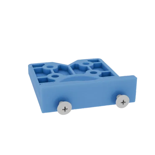 3D render of a blue plastic mounting bracket with two visible silver screws on a black background.