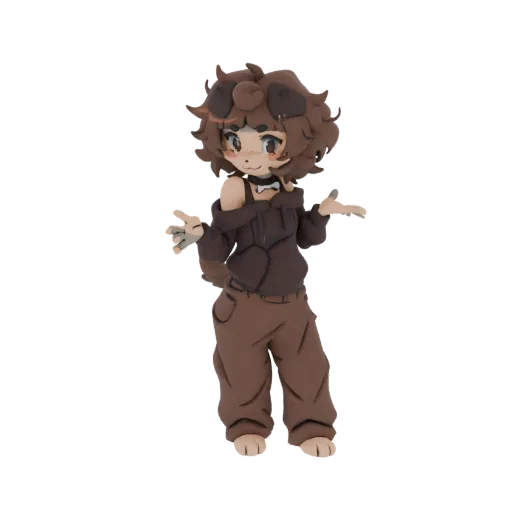 Modello 3D di un simpatico cane chibi con capelli ricci castani, orecchie da cane, felpa oversize e pantaloni, con mani tese.