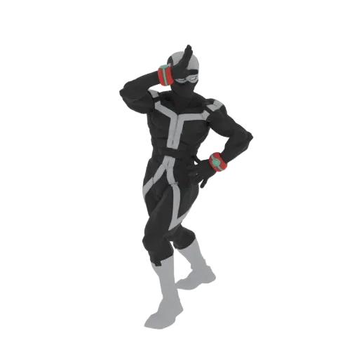 3D model of a futuristic hero in a black and white suit, striking a dynamic pose with one hand raised.