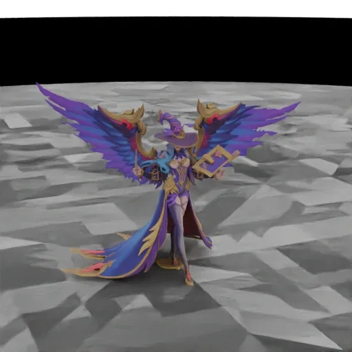3D model of a fantasy enchantress with large, vibrant blue and purple wings, wearing golden armor and holding a book.