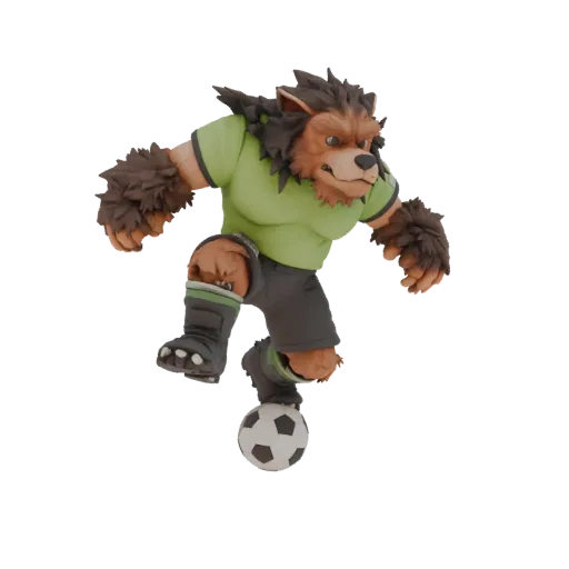 3D model of a werewolf footballer in a green jersey and grey shorts, kicking a soccer ball.