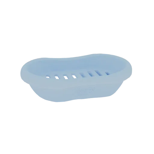 A 3D render of a light blue oval soap dish with multiple drainage slots on its surface.