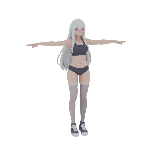 3D model of an anime girl with white hair, blue eyes, wearing stockings and sneakers, in a T-pose.
