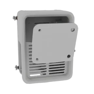 3D model of a wall-mounted router box with the door open, showing ventilation holes and interior space.