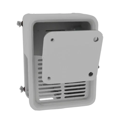 3D model of a wall-mounted router box with the door open, showing ventilation holes and interior space.
