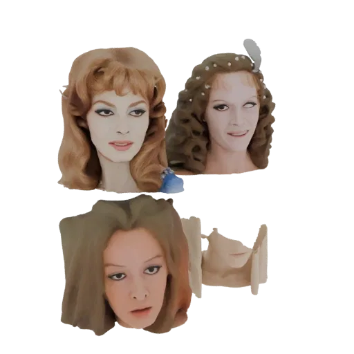 Un rendu 3D de trois bustes vintage style Hollywood avec différentes coiffures et expressions, sur fond blanc.