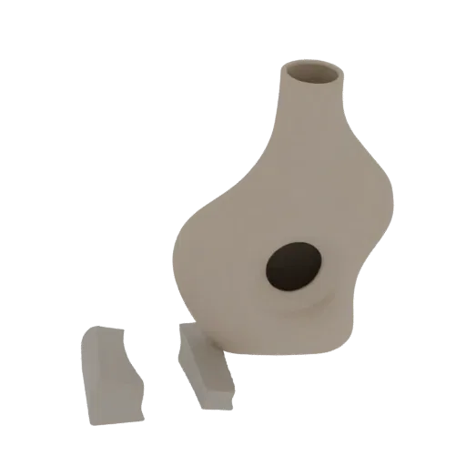Modelo 3D de vaso cerâmico abstrato quebrado com abertura circular, em pedaços sobre fundo branco.