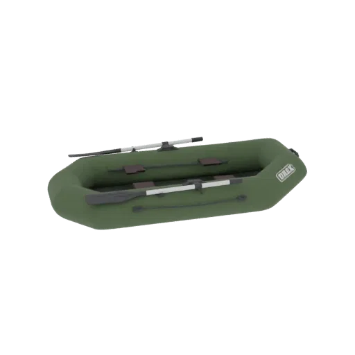 A 3D model render of a green inflatable boat with two oars resting inside.