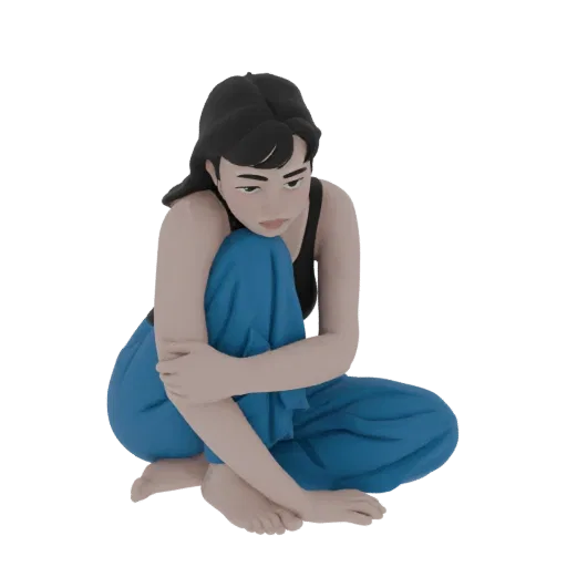 3D model of a young girl with dark hair, wearing a black tank top and blue pants, crouching with her knees pulled to her ches